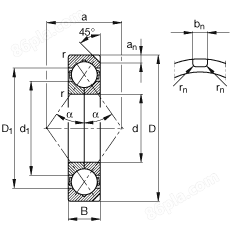 四点接触球轴承 QJ228-N2-MPA, 根据 DIN 628-4 的主要尺寸，可以拆卸，剖分内圈，带两个止动槽